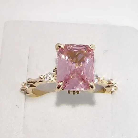Princess Cut Pink CZ Ring – Gold Plated Brass Micro Inlay, Sizes 7 New - Picture 5 of 9